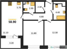 Планировка двухкомнатной(квартира) площадью 58.9 квадратных метров в “Жилые кварталы Белый Град”