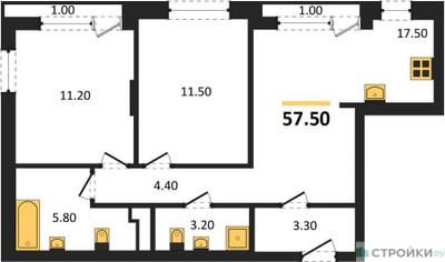 Планировка двухкомнатной(квартира) площадью 57.5 квадратных метров в ЖК “ЖК Новая Щербинка”