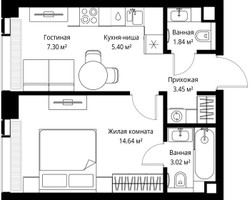 Планировка однокомнатной(квартира) площадью 35.65 квадратных метров в “ЖК Веер”