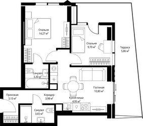 Планировка двухкомнатной(квартира) площадью 59.66 квадратных метров в ЖК “ЖК Джойс”