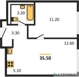 Планировка однокомнатной(апартаменты) площадью 35.5 квадратных метров в ЖК “ЖК Верейская 41”