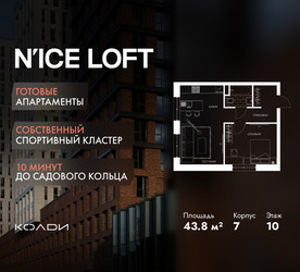 Планировка однокомнатной(апартаменты) площадью 43.8 квадратных метров в ЖК “ЖК N’ICE LOFT (Найс Лофт)”
