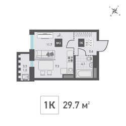 Планировка однокомнатной(квартира) площадью 29.7 квадратных метров в ЖК “ЖК Зеленоград Ривьера”