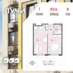 Планировка однокомнатной(квартира) площадью 35.9 квадратных метров в ЖК “ЖК Лучи”
