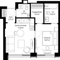 Планировка однокомнатной(квартира) площадью 39.24 квадратных метров в ЖК “ЖК Сити Бэй”