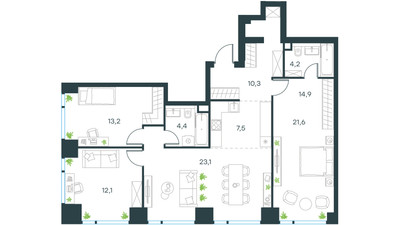 Планировка 4+ комнатной(квартира) площадью 96.4 квадратных метров в ЖК “ЖК Level Мичуринский”