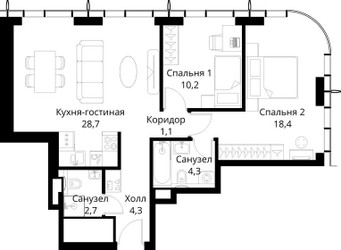 Планировка двухкомнатной(квартира) площадью 69.7 квадратных метров в ЖК “ЖК Сити Бэй”