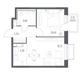 Планировка однокомнатной(квартира) площадью 38.1 квадратных метров в ЖК “ЖК Томилино Парк”