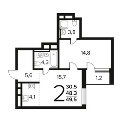 Планировка двухкомнатной(квартира) площадью 49.5 квадратных метров в ЖК “Новые Ватутинки. Заречный”