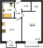 Планировка однокомнатной(апартаменты) площадью 38.4 квадратных метров в “ЖК Равновесие”