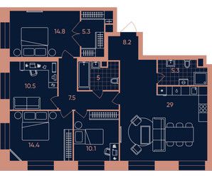 Планировка 4+ комнатной(квартира) площадью 110.1 квадратных метров в ЖК “ЖК Era (Эра)”
