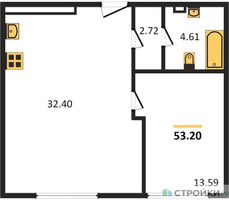 Планировка однокомнатной(апартаменты) площадью 53.1 квадратных метров в “ЖК CULT (Культ)”