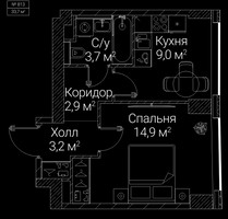 Планировка однокомнатной(квартира) площадью 33.7 квадратных метров в “ЖК СЕЗАР БУДУЩЕЕ”