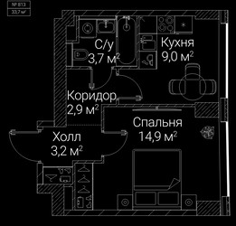 Планировка однокомнатной(квартира) площадью 33.7 квадратных метров в ЖК “ЖК СЕЗАР БУДУЩЕЕ”