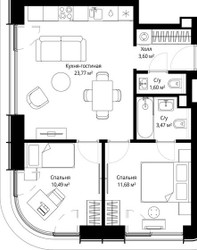 Планировка двухкомнатной(квартира) площадью 53.9 квадратных метров в ЖК “ЖК Сити Бэй”