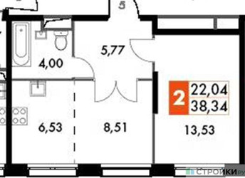 Планировка однокомнатной(апартаменты) площадью 38.34 квадратных метров в “ЖК Движение. Говорово”