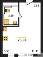Планировка студии(квартира) площадью 25.82 квадратных метров в “ЖК Остафьево”