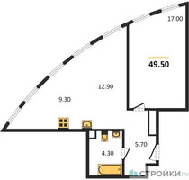 Планировка однокомнатной(квартира) площадью 49.5 квадратных метров в “ЖК Sydney City (Сидней Сити)”