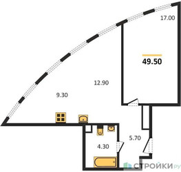Планировка однокомнатной(квартира) площадью 49.5 квадратных метров в ЖК “ЖК Sydney City (Сидней Сити)”