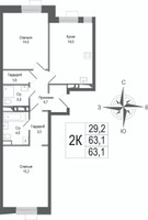 Планировка двухкомнатной(квартира) площадью 63.1 квадратных метров в “ЖК КИНОКВАРТАЛ”