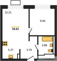 Планировка однокомнатной(квартира) площадью 34.61 квадратных метров в “ЖК Прибрежный Парк”