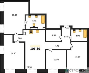 Планировка 4+ комнатной(квартира) площадью 106.3 квадратных метров в ЖК “ЖК STONE Rise (Райз)”