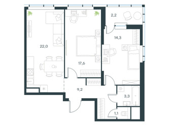 Планировка двухкомнатной(квартира) площадью 69.7 квадратных метров в ЖК “ЖК Level Лесной”
