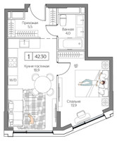 Планировка однокомнатной(квартира) площадью 42 квадратных метров в “ЖК Дрим Рива”