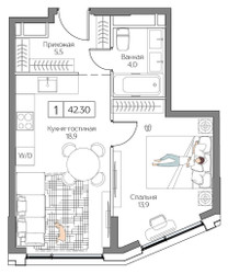 Планировка однокомнатной(квартира) площадью 42 квадратных метров в ЖК “ЖК Дрим Рива”