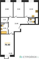 Планировка трехкомнатной(квартира) площадью 70.3 квадратных метров в “ЖК ЭкоБунино (Южное Бунино)”