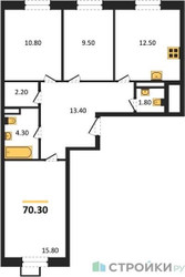 Планировка трехкомнатной(квартира) площадью 70.3 квадратных метров в ЖК “ЖК ЭкоБунино (Южное Бунино)”