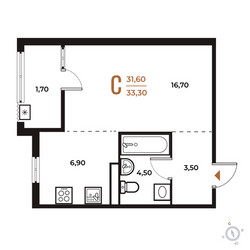 Планировка студии(квартира) площадью 33.3 квадратных метров в ЖК “ЖК Новое Летово”