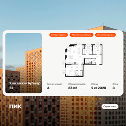 Планировка трехкомнатной(квартира) площадью 87 квадратных метров в ЖК “ЖК Кавказский бульвар 51”