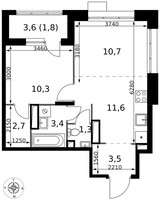 Планировка двухкомнатной(квартира) площадью 45.3 квадратных метров в “ЖК 1-й Саларьевский (Первый Саларьевский)”
