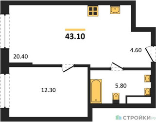 Планировка однокомнатной(квартира) площадью 43.1 квадратных метров в ЖК “Архитектурный проект ЮТУ”