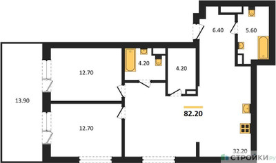 Планировка двухкомнатной(квартира) площадью 82.2 квадратных метров в ЖК “ЖК Форевиль”