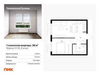 Планировка однокомнатной(квартира) площадью 36 квадратных метров в “ЖК Томилинский бульвар”