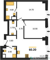Планировка двухкомнатной(квартира) площадью 60.2 квадратных метров в “ЖК Айс Тауэрс”