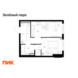 Планировка однокомнатной(квартира) площадью 34.6 квадратных метров в ЖК “ЖК Зеленый парк”