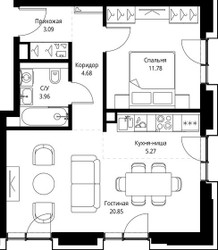 Планировка однокомнатной(квартира) площадью 49.63 квадратных метров в ЖК “Дом премиум-класса МИРА”