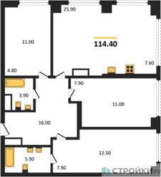 Планировка трехкомнатной(квартира) площадью 114.4 квадратных метров в ЖК “ЖК Very (Вери)”