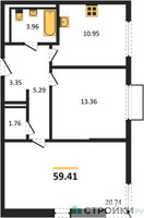 Планировка двухкомнатной(квартира) площадью 59.41 квадратных метров в “ЖК Пригород Лесное”