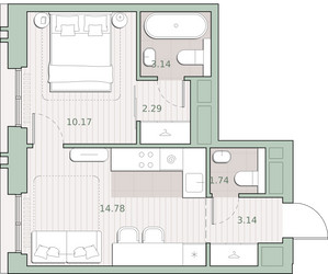 Планировка однокомнатной(квартира) площадью 35.3 квадратных метров в ЖК “ЖК Среда на Кутузовском”