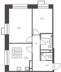 Планировка двухкомнатной(квартира) площадью 55.4 квадратных метров в ЖК “ЖК Новая Ивантеевка”