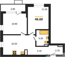 Планировка двухкомнатной(квартира) площадью 46.6 квадратных метров в “ЖК Прокшино”