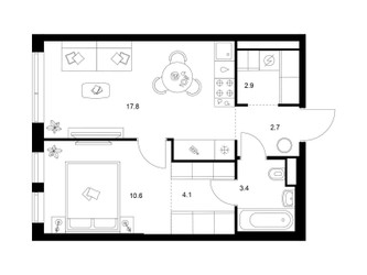 Планировка однокомнатной(квартира) площадью 41.5 квадратных метров в ЖК “ЖК Строгино 360”