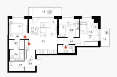 Планировка трехкомнатной(квартира) площадью 75.6 квадратных метров в ЖК “ЖК Плеханова 11”