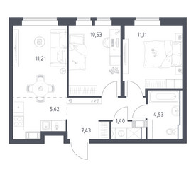 Планировка двухкомнатной(квартира) площадью 51.83 квадратных метров в ЖК “ЖК Большое Путилково”