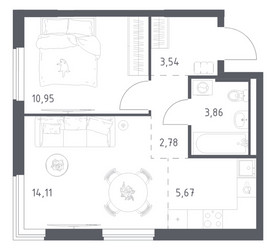 Планировка однокомнатной(квартира) площадью 40.91 квадратных метров в ЖК “ЖК Мытищи Парк”