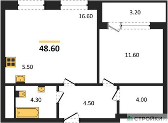 Планировка однокомнатной(квартира) площадью 48.6 квадратных метров в ЖК “Квартал Филатов луг”